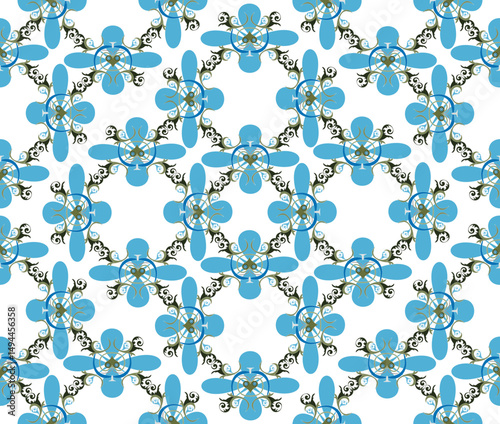 Blue, green black elements in the form of stylized leaves. Seamless pattern of elements, reminiscent of Old Russian painting.