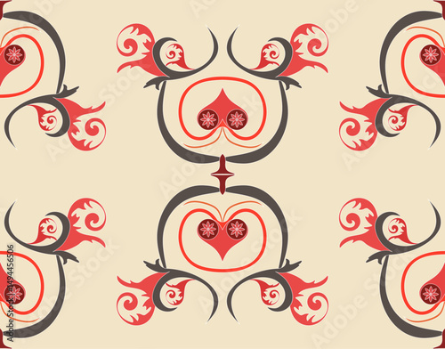 Red, burgundy, brown elements in the form of stylized leaves and flowers.Seamless pattern of elements, reminiscent of Old Russian painting