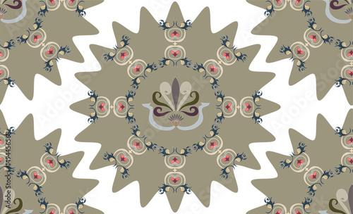 Red, brown, blue elements in the form of stylized leaves and flowers. Seamless pattern of elements, reminiscent of Old Russian painting