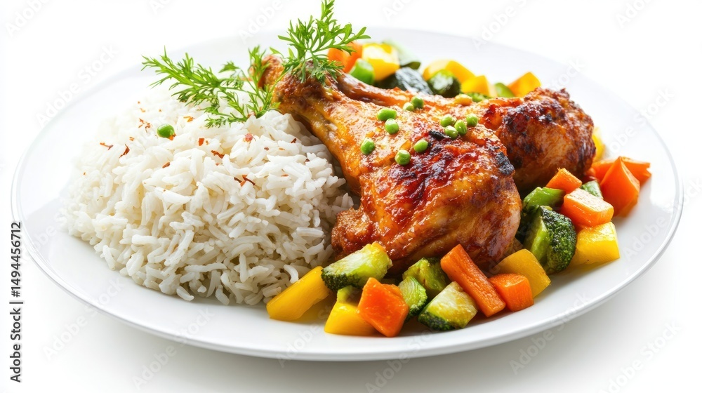 Fototapeta premium Delicious roasted chicken drumsticks with rice and assorted fresh vegetables on a plate