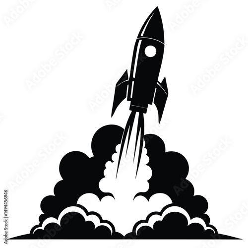 Rocket Launching with Smoke in Black Silhouette on White Background, Isolated Design