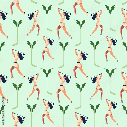 Seamless pattern with retro-style girls in swimsuits and sun hats posing near palm silhouettes on mint green background