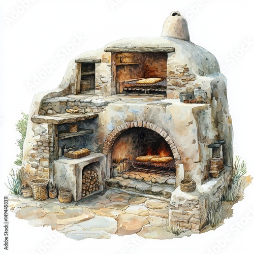 Traditional Stone Oven with Freshly Baked Bread and Rustic Decor