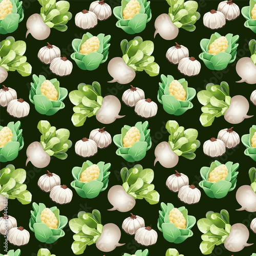 Seamless pattern of realistic radishes in pink, purple, and white shades with yellow corn cobs and green leaves on a dark background