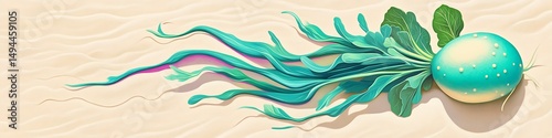 A turquoise radish with radiant highlights and leafy greens isolated on a neutral sand-colored background seamless realism