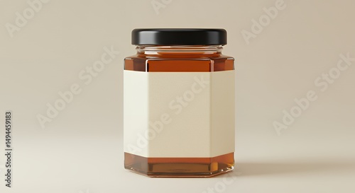 Empty hexagon jar with blank label against a muted backdrop.