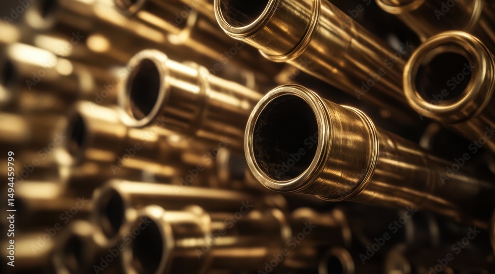 Naklejka premium Close-up of numerous gleaming brass tubes, shallow depth of field, highlighting textures and circular openings