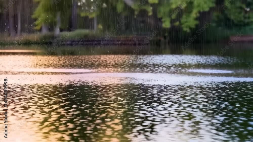 Gentle rain falling over a tranquil lake surface, creating ripples and abstract water reflections, with green forest in the background, creating a peaceful scene Gentle rain falling over a tranquil lake surface, creating ripples and abstract water reflections, with green forest in the background, creating a peaceful scene