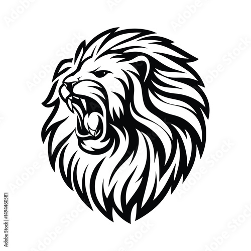 Black And White Roaring Lion Head. Bold Outline. Fierce Expression. Animal Icon