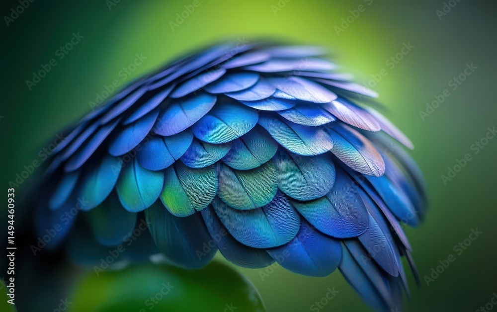 Fototapeta premium Close-up of iridescent blue feathers, overlapping in a rounded, almost floral arrangement against a blurred green background