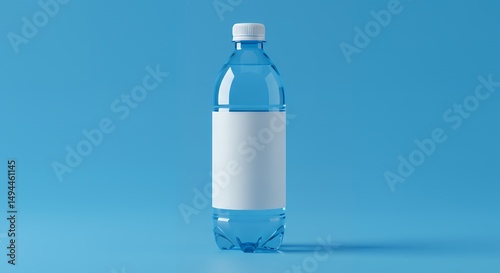 Empty plastic water bottle with a blank label against a bright blue backdrop.
