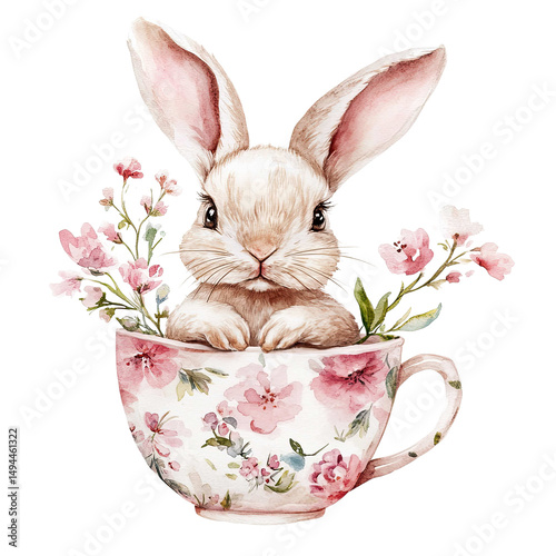 Watercolor Bunny in Teacup with Cherry Blossoms and Transparent Background Isolated Easter Spring Season Charm