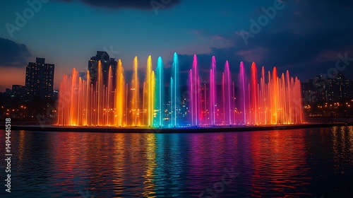 Colorful LED water fountain at dusk High Resolution Photo