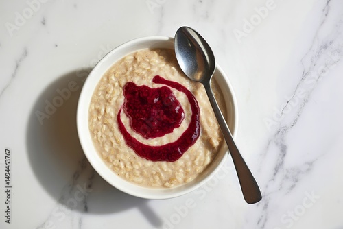 A photograph of a bowl of creamy oatmeal porridge