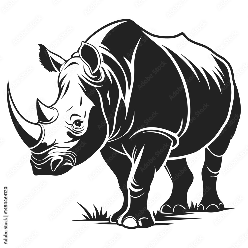 Fototapeta premium Bold Rhino Black and White Silhouette of Wildlife Animal on Ground
