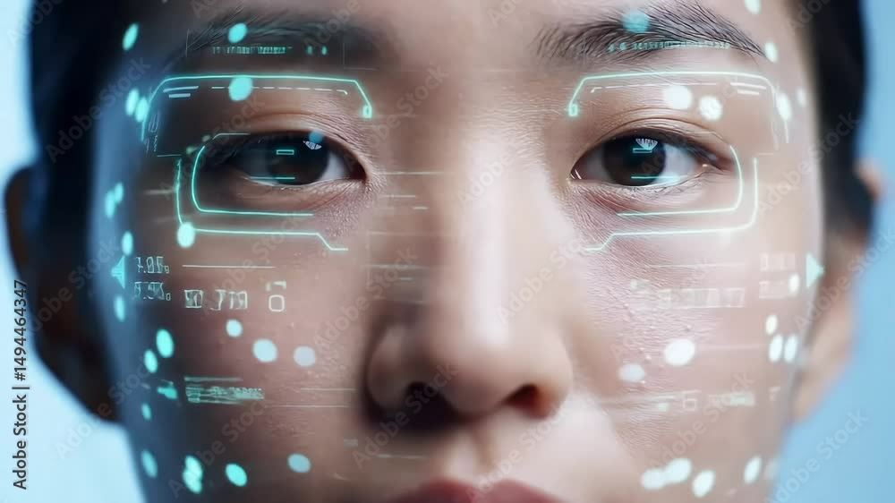 A close-up of a woman's face with digital interface elements projected on her skin.