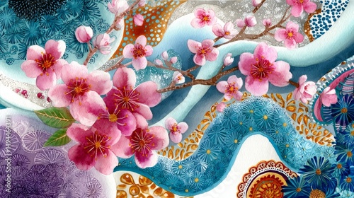 Beautiful Japanese Cherry Blossom Watercolor Artwork Unfolds Nature's Charm