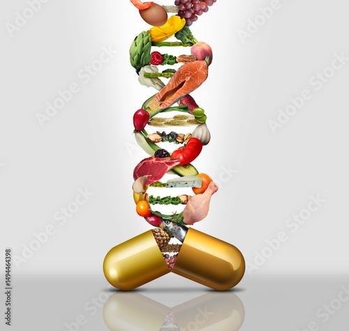 Dietary Supplement Science as Vitamin diet supplements with a capsule as fruit vegetables nuts fish meat and beans inside a nutrient pill as a natural medicine health treatment as a DNA strand. photo