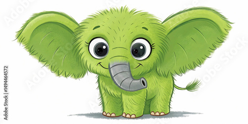 a bright green furry baby elephant with big eyes