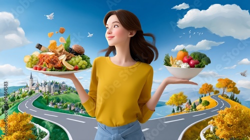 Woman Choosing Between Healthy and Unhealthy Food Options