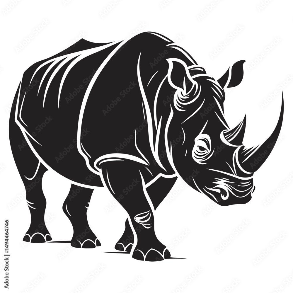Obraz premium Black Silhouette of a Walking Rhinoceros with Horns, Detailed Markings, and Strong Legs