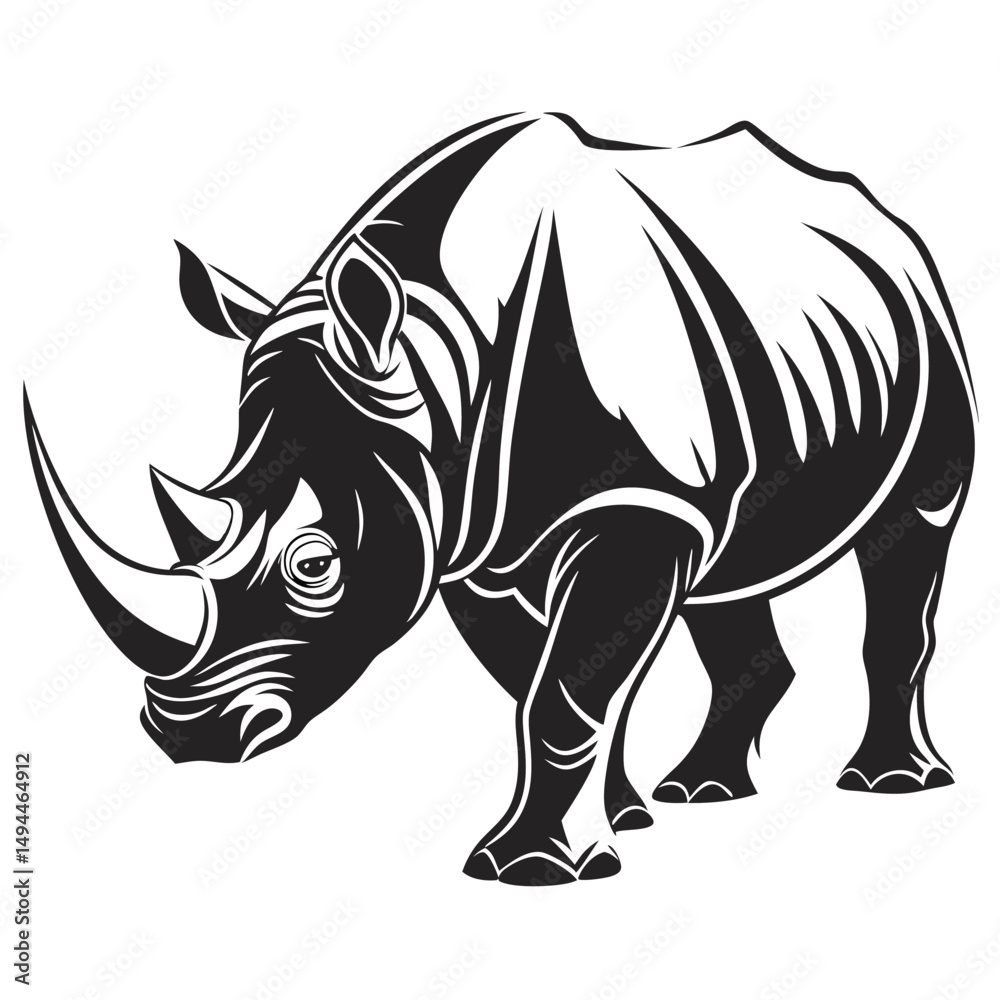 Fototapeta premium Silhouette of a Rhinoceros, Horned African Animal, Strong Creature, Wildlife, Isolated