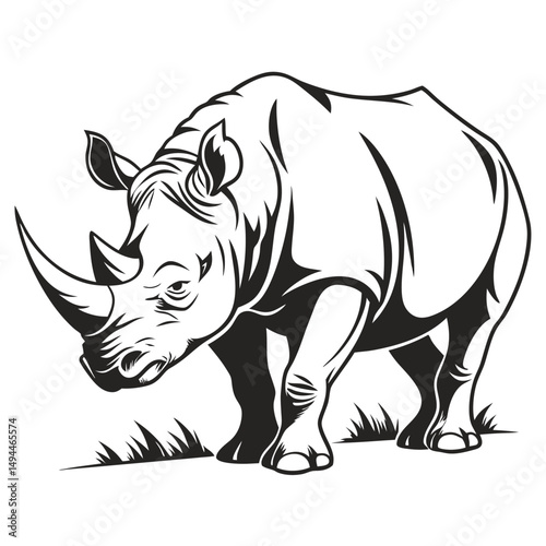 Rhinoceros Silhouette Bold Black Lines on White Background, Wildlife Standing