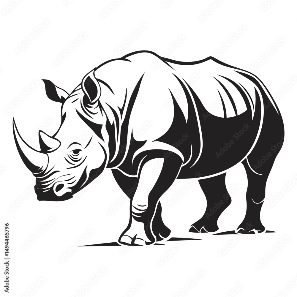 Fototapeta premium Isolated Walking Black & White Rhino | Horned Rhinoceros Animal Design
