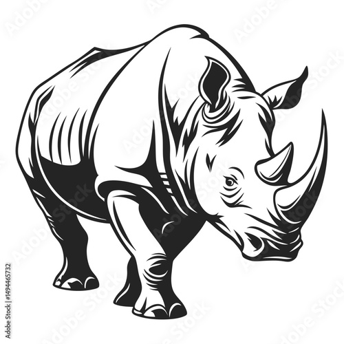Rhinoceros Silhouette Black and White Tribal Style Bold Outline, Powerful Stance