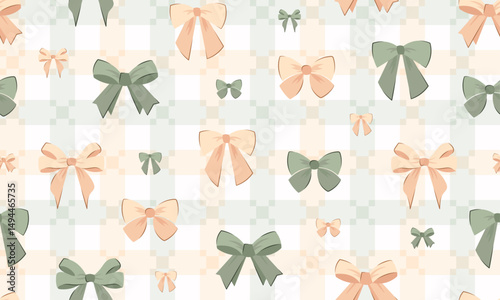 wedding bow seamless pattern with olive peach bows and silk ribbons. symbol of the fight against breast cancer, femininity, happy birthday pattern, party, celebration, gift, repeat, printable, check,h