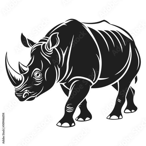 Black Silhouette of Walking Rhinoceros with Detailed Horns on Isolated White Background