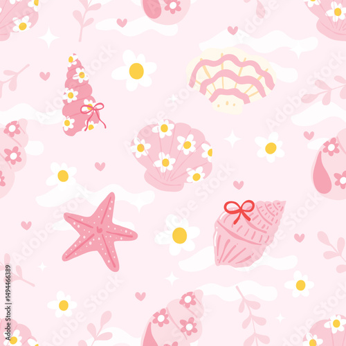Cute Shell Pattern, Pink Seamless, Ocean Digital Paper, Beach Pattern, Kawaii Shell, Summer Sea Art, Pastel Wallpaper, Nursery Design