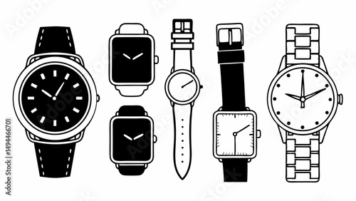 Collection of various wrist watches with different designs and band types in black and white style created with generated ai