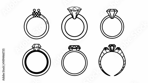 Collection of six outlined rings with different diamond settings in a vector graphic design style created with generated ai