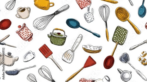 Hand-Drawn Kitchen Tools Array with Doodles and Enhanced Colors