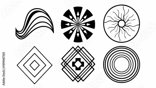 Illustration showing six different abstract geometric designs in black and white on a plain white background created with generated ai