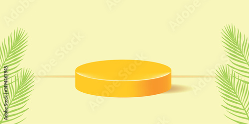 Podium for summer sale. Realistic background with yellow platform and tropical leaves. Vector illustration