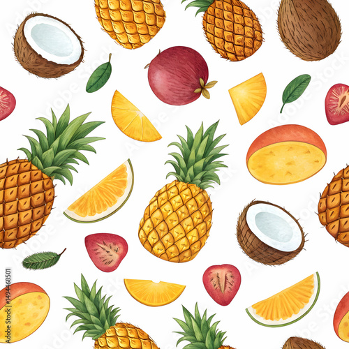 Tropical Fruit Seamless Pattern: Pineapple, Mango, Coconut, Passion Fruit