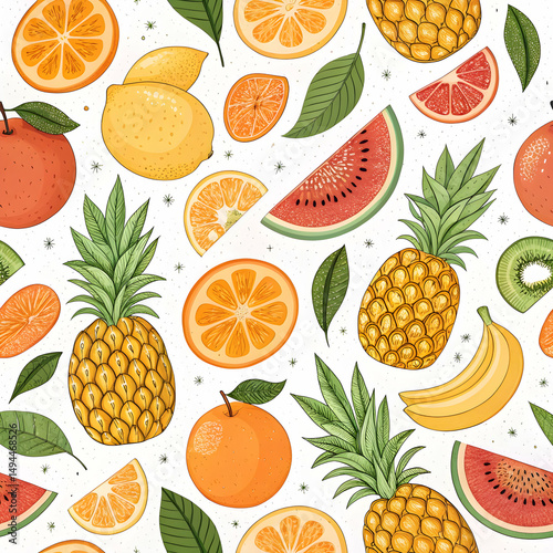Tropical Fruit Pattern: Pineapple, Watermelon, Orange Seamless Design