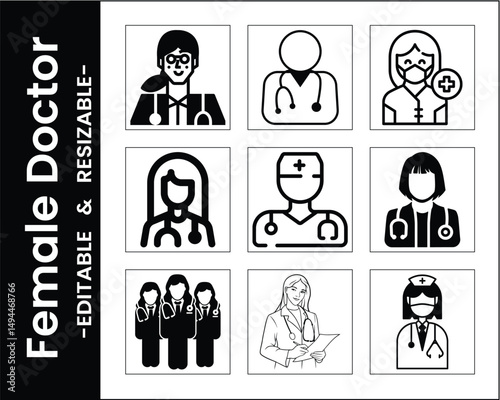 Set Of Female Doctors Icon Vectors Depicting Healthcare Professionalism And Medical Expertise