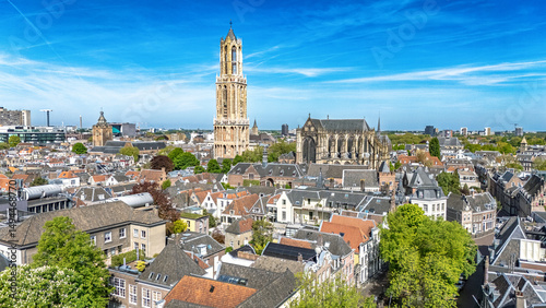 Utrecht town аerial drone view from above, typical Dutch city skyline, Utrecht cityscape with tower, canals and houses, Holland, Netherlands