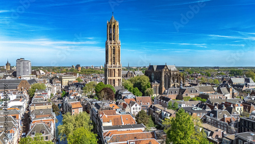Utrecht town аerial drone view from above, typical Dutch city skyline, Utrecht cityscape with tower, canals and houses, Holland, Netherlands