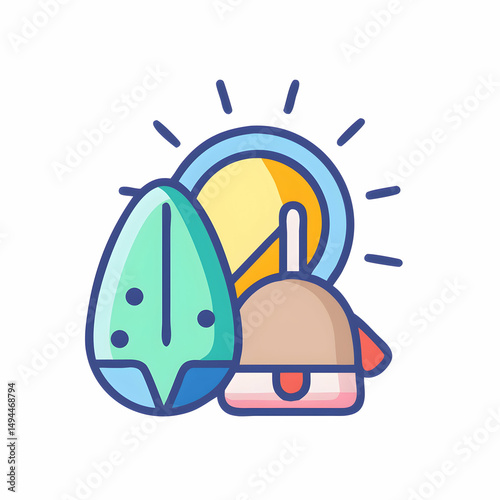 Summer Vacation: Sun, Surfboard, Beach Bag Icon | Travel Illustration