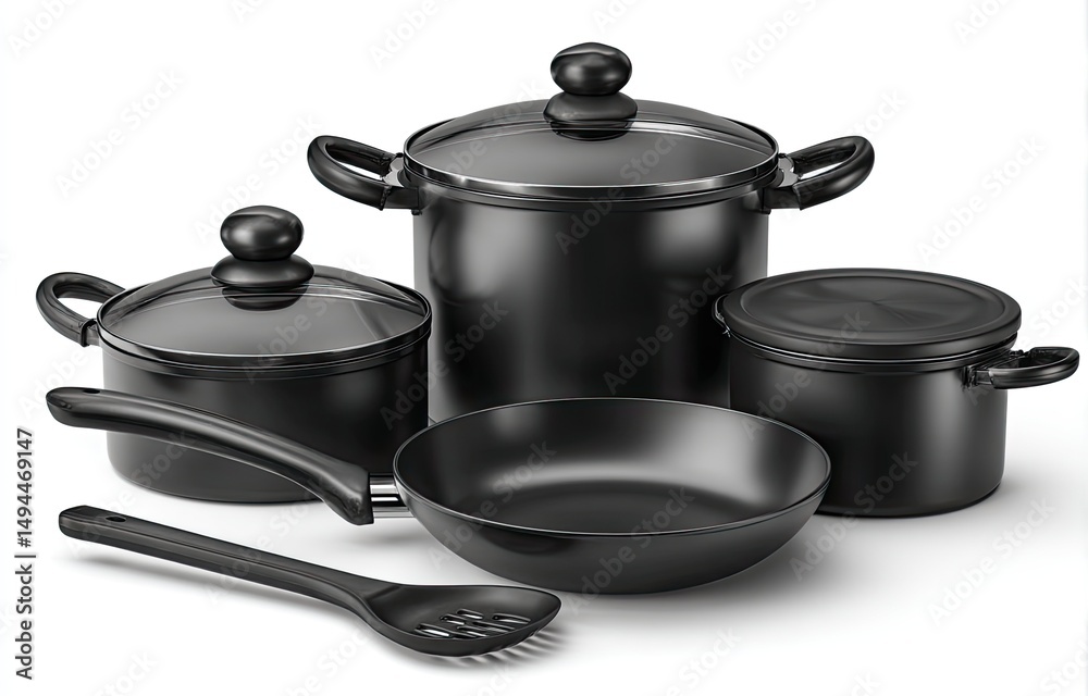 Black cookware set, various sizes and shapes.  Includes pots, pans, and lids