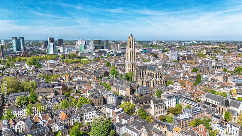 Utrecht town аerial drone view from above, typical Dutch city skyline, Utrecht cityscape with tower, canals and houses, Holland, Netherlands