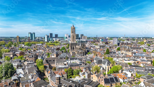 Utrecht town аerial drone view from above, typical Dutch city skyline, Utrecht cityscape with tower, canals and houses, Holland, Netherlands