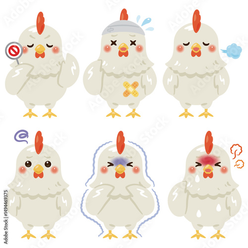 様々な状態のニワトリのキャラクターイラストセット