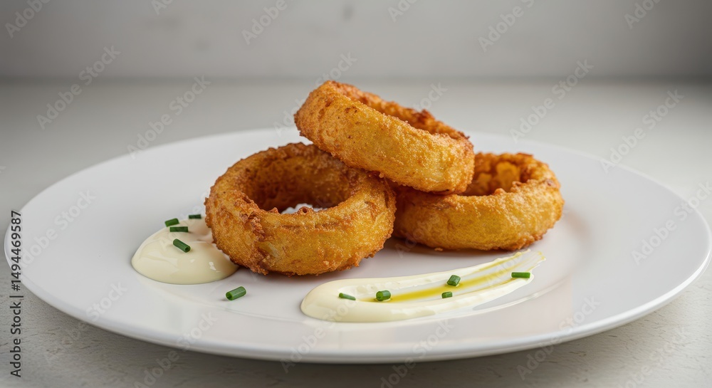 Golden and Crispy Fried Onion Rings Served on a White Plate with Creamy Dipping Sauce and Green Chives for Garnish Golden and Crispy Fried Onion Rings Served on a White Plate with Creamy Dipping Sauce and Green Chives for Garnish