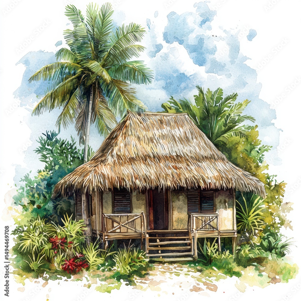 Tropical Hut Surrounded by Lush Greenery and Palm Trees in Paradise Tropical Hut Surrounded by Lush Greenery and Palm Trees in Paradise