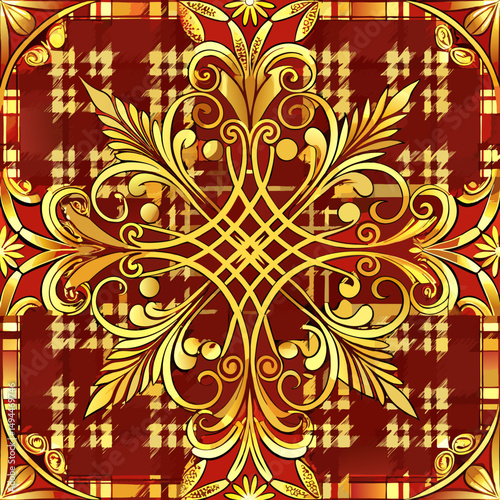 Opulent gold and crimson plaid pattern with intricate floral design, seamless vector pattern
  
